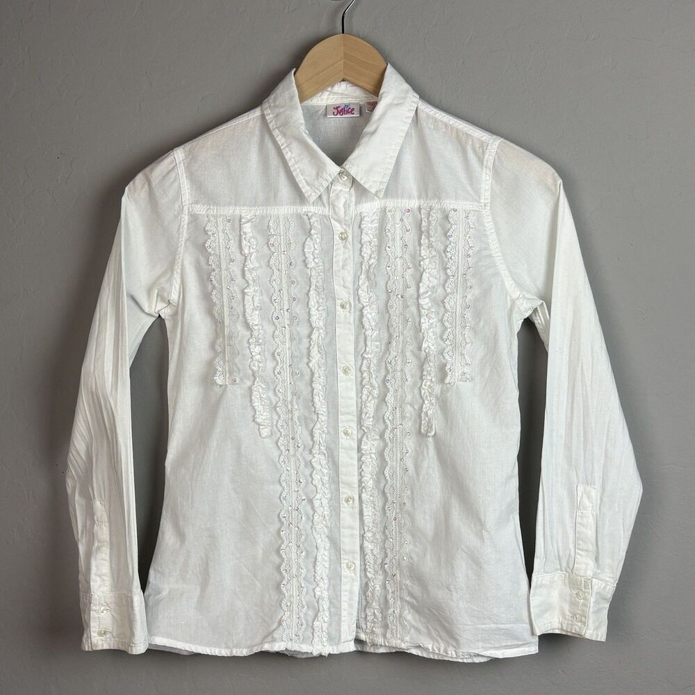 VTG Y2K Justice Button Up Shirt Girls 10 White Long Sleeve Lace Ruffle Coquette